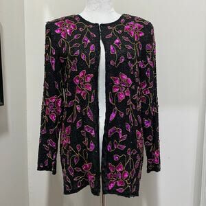 Vintage Sequin Jacket Size Medium Fuchsia Pink Floral Print on Black Silk